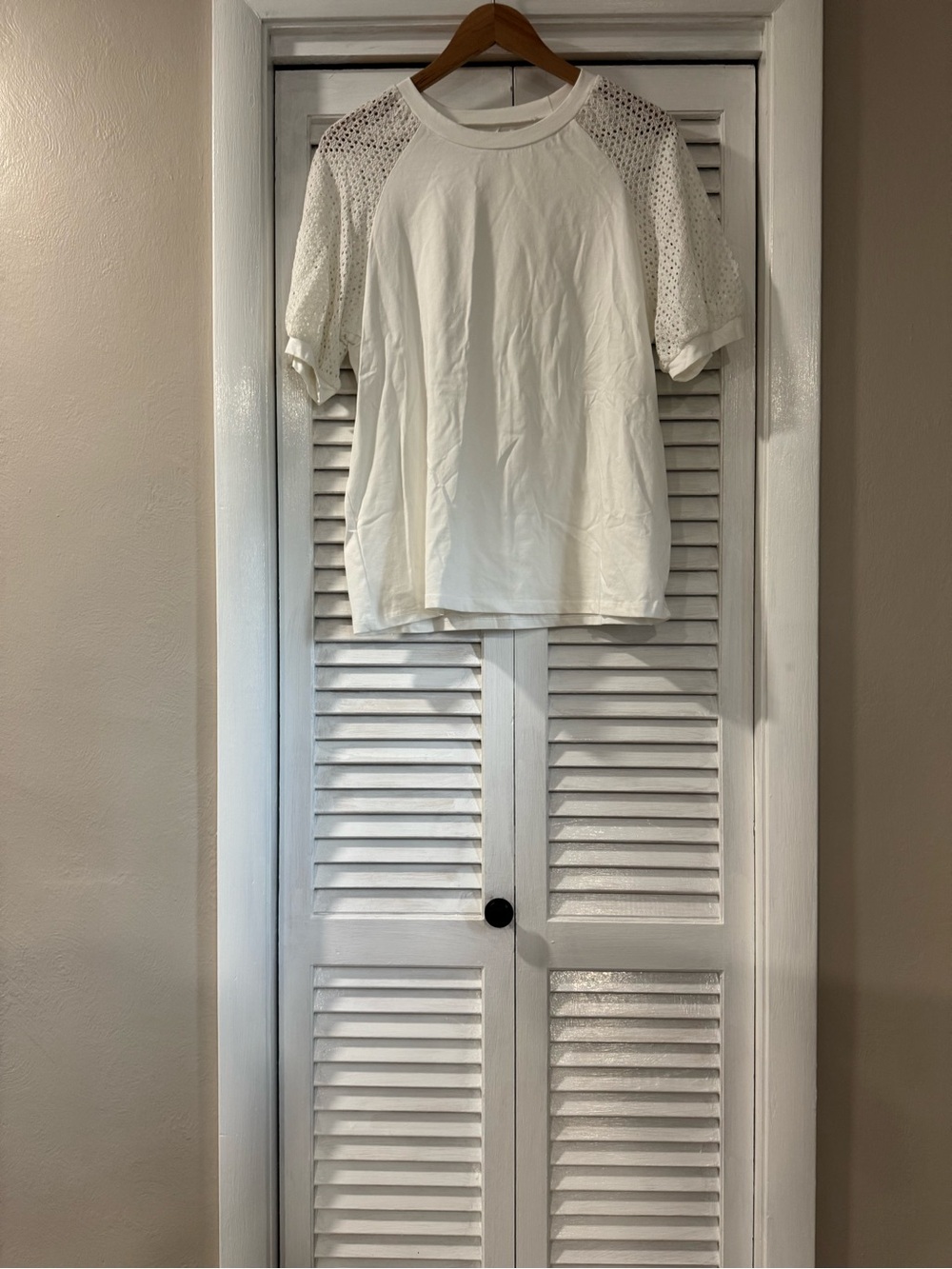 White Short-Sleeve Eyelet Sleeve Top